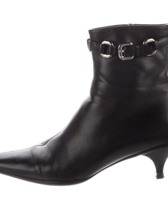 Prada Shoes - Prada Women's Black Leather Pointed-Toe Ankle Boots with Buckle